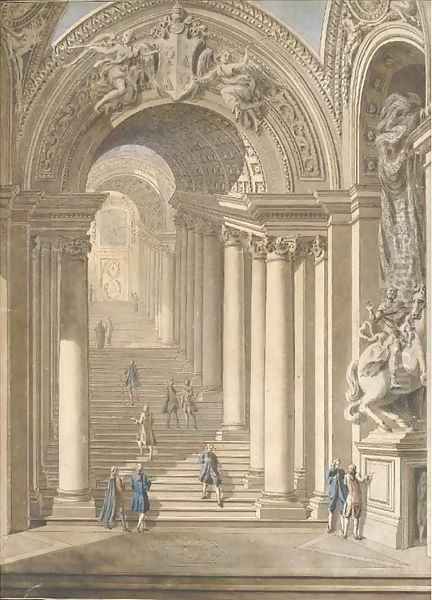 The Scala Regia in Saint Peter's Basilica, Rome, with the statue of Constantine to the right Oil Painting by Francesco Panini