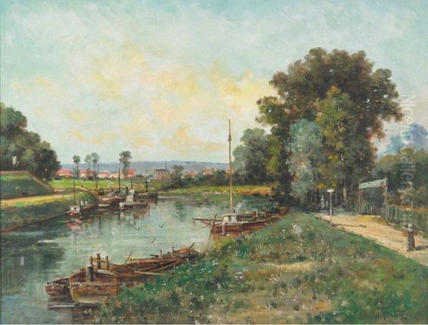 Bateaux Sur La Riviere, France Oil Painting by Gustave Mascart