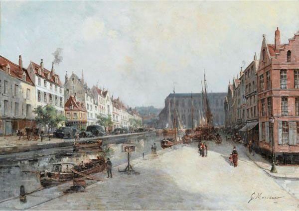 Le Quai Aux Herbes A Gand, Belgique Oil Painting by Gustave Mascart