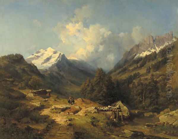 Travellers in a mountainious landscape Oil Painting by Friederich Eduard Pape