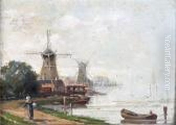 Bord De La Meuse A Dordrecht Oil Painting by Gustave Mascart