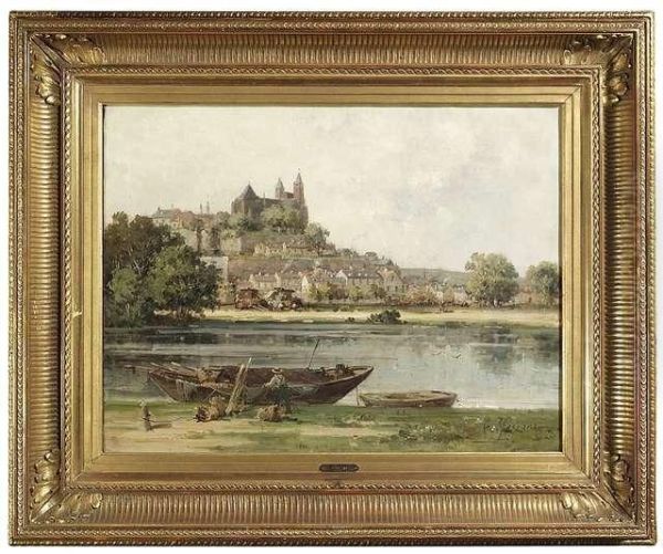 French Townsituated At A River Oil Painting by Gustave Mascart