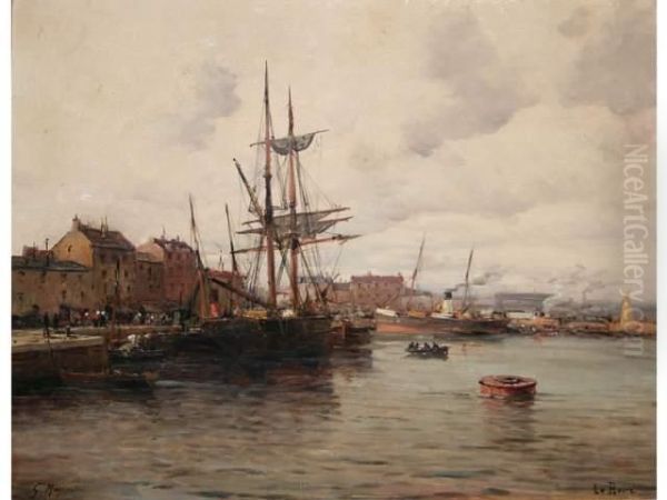 Bateau A Quai Dans Le Port Du Havre Oil Painting by Gustave Mascart