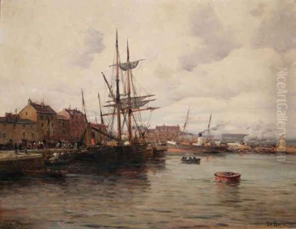 Bateau A Quai Dans Le Port Du Havre Oil Painting by Gustave Mascart