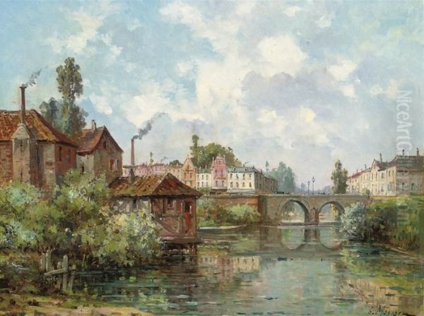 Before A Town Bridge Oil Painting by Gustave Mascart