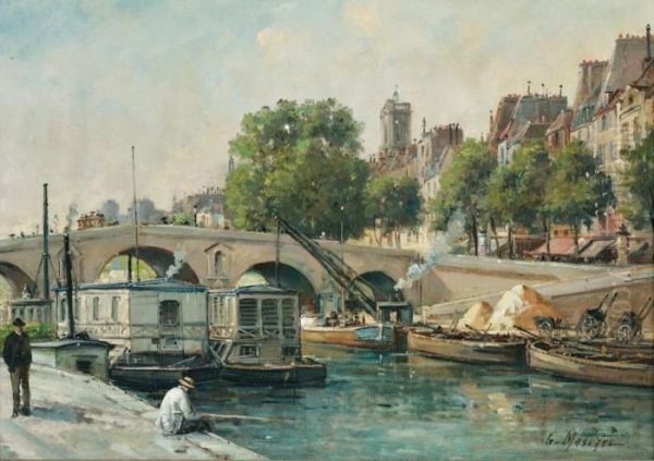 Les Bateaux-lavoirs Sur Les Quais Oil Painting by Gustave Mascart