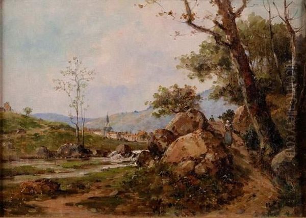 Promeneuse Dans Un Paysage De Montagne Oil Painting by Gustave Mascart