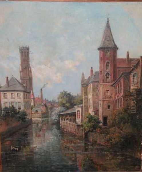 Canal A Bruges Oil Painting by Gustave Mascart