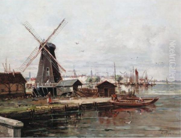 Canal Scene With Windmill Oil Painting by Gustave Mascart