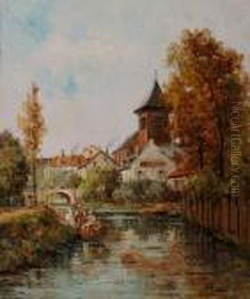 Moret-sur-loing, Le Canal Oil Painting by Gustave Mascart