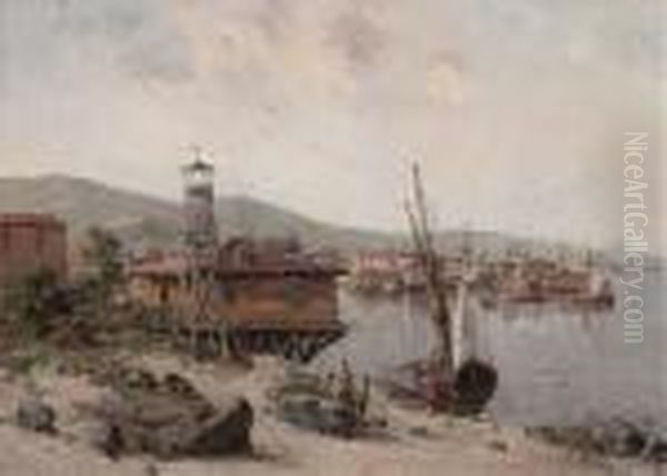 An Eastern Fishing Village Oil Painting by Gustave Mascart