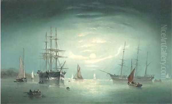 Merchant vessels anchored offshore in the moonlight Oil Painting by William Daniel Penny