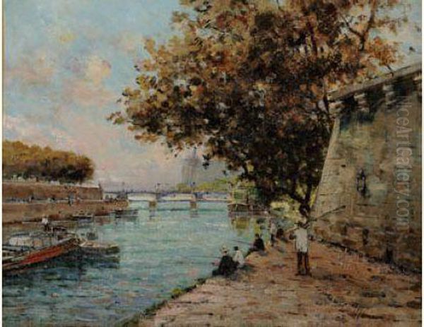 Pecheurs Sur Les Quais, Paris Oil Painting by Gustave Mascart