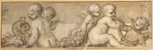 A frieze of putti with garlands and fruit Oil Painting by (Giovanni Antonio de' Sacchis) Pordenone