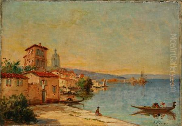 View Of A Mediterranean Coastal Town Oil Painting by Gustave Mascart