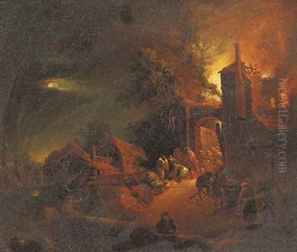 A house on fire at night Oil Painting by Egbert Van Der Poell