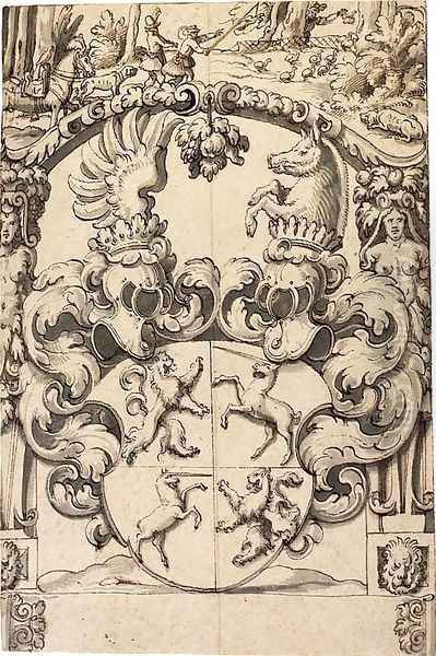 A heraldic shield with rampant lions and unicorns in the quarterings Oil Painting by Hans Jakob Plepp