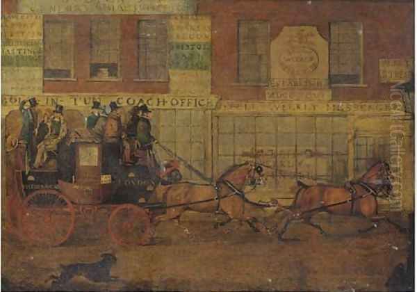 The London to Reading mail coach passing the Bolt-In-Tun General coach office Oil Painting by James Pollard