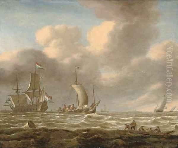 A Dutch man-o'-war and other shipping in choppy seas Oil Painting by Jan Peeters