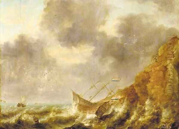 A shipwreck off a rocky coastline Oil Painting by Jan Peeters