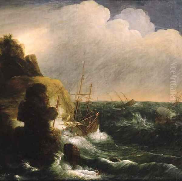 A threemaster foundering off a rocky coast, in a gale Oil Painting by Jan Peeters