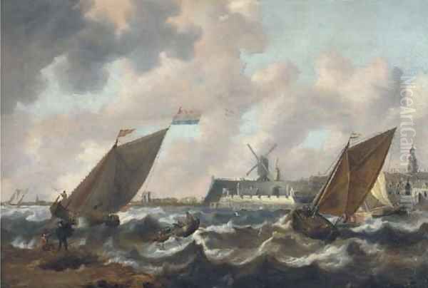 Shipping in choppy seas, a town beyond Oil Painting by Jan Peeters