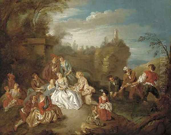 A fete champetre with boys fishing in a stream beyond Oil Painting by Jean-Baptiste Joseph Pater