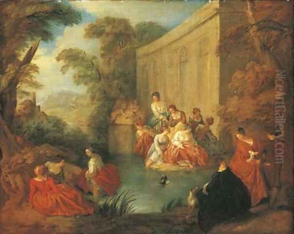 Ladies bathing at a pool before a rococo pavilion, in a wooded clearing Oil Painting by Jean-Baptiste Joseph Pater