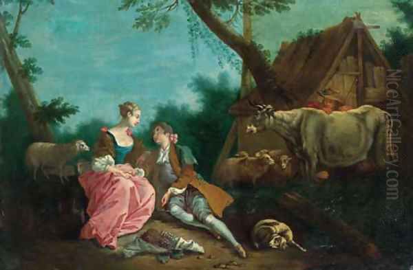 A shepherd courting a shepherdess by a farmhouse in a wooded landscape Oil Painting by Jean-Baptiste Joseph Pater