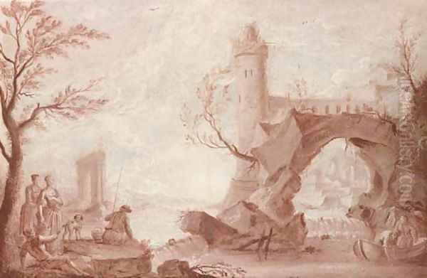 Anglers and fishermen by a weir, a natural arch and a tower beyond, en grisaille Oil Painting by Jean-Baptiste Pillement