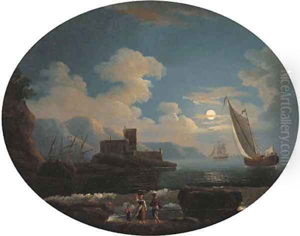 A Mediterranean coastal inlet with shipping by moonlight Oil Painting by Jean-Baptiste Pillement