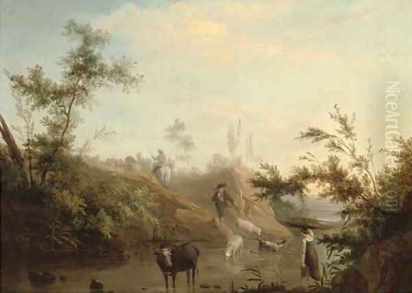 A river landscape with a drover, his cattle and a shepherd and his flock Oil Painting by Jean-Baptiste Pillement