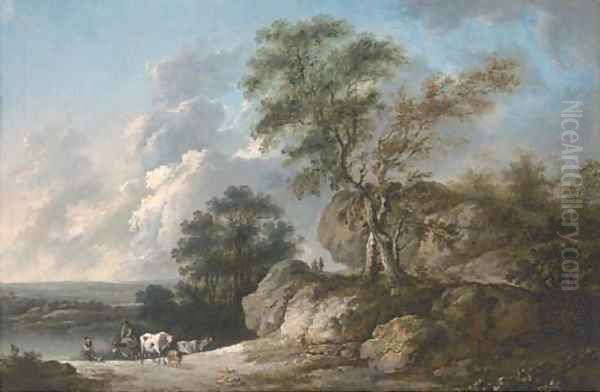 A rocky wooded river landscape with drovers and their cattle in the foreground Oil Painting by Jean-Baptiste Pillement