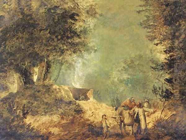 A wooded landscape with travellers on a track Oil Painting by Jean-Baptiste Pillement