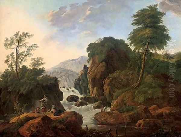 A wooded mountainous river landscape with anglers by a waterfall Oil Painting by Jean-Baptiste Pillement