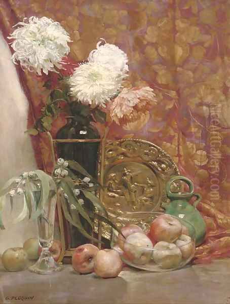 Chrysanthemums in a vase Oil Painting by Gaston Ploquin