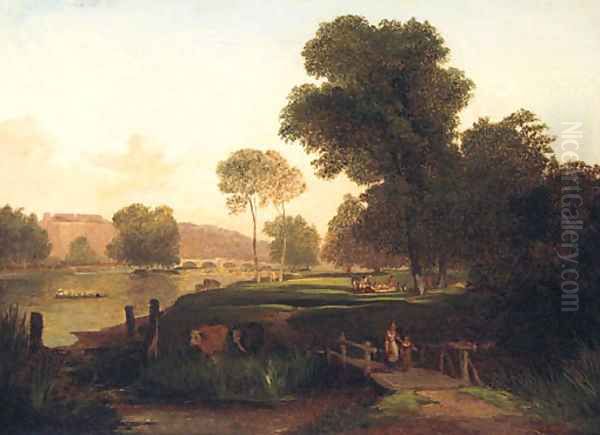 Figures in a Meadow with Richmond Bridge beyond Oil Painting by George Pettitt