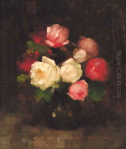 Pink and red roses in a vase Oil Painting by Louise Ellen Perman