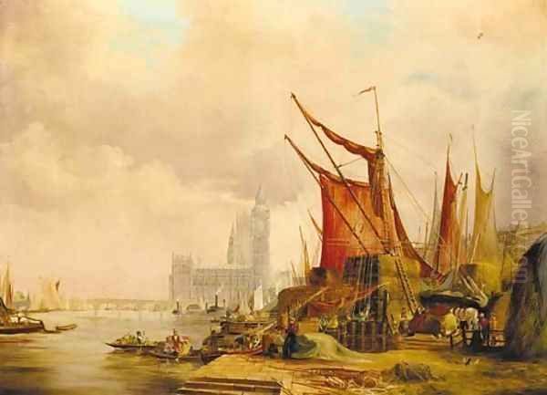 On the Embankment looking west to the Houses of Parliament Oil Painting by Alfred Pollentine