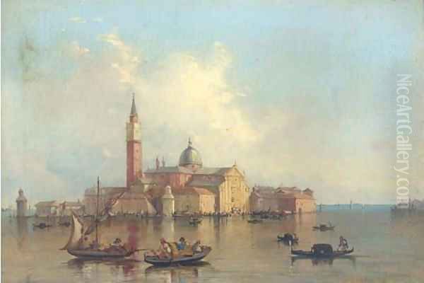 Gondolas on the Venetian Lagoon before San Giorgio Maggiore Oil Painting by Alfred Pollentine