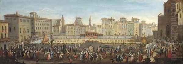 The Piazza Sante Croce Florence, looking North, with the Festa del Calcio Oil Painting by Gherardo Poli