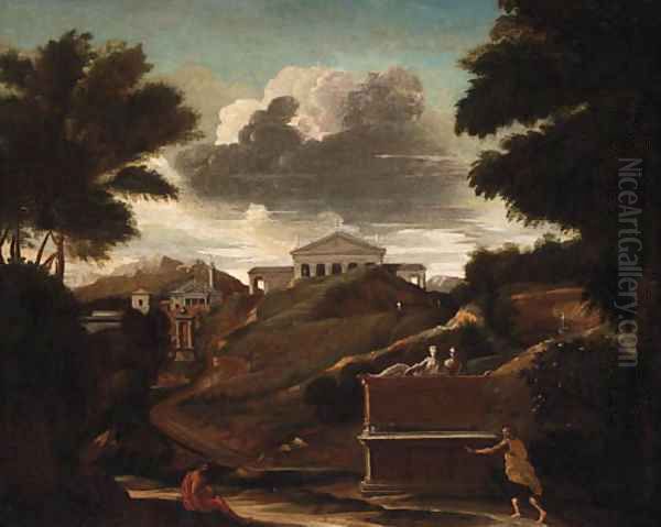 A classical Landscape with Figures by a Tomb, a Temple beyond Oil Painting by Nicolas Poussin