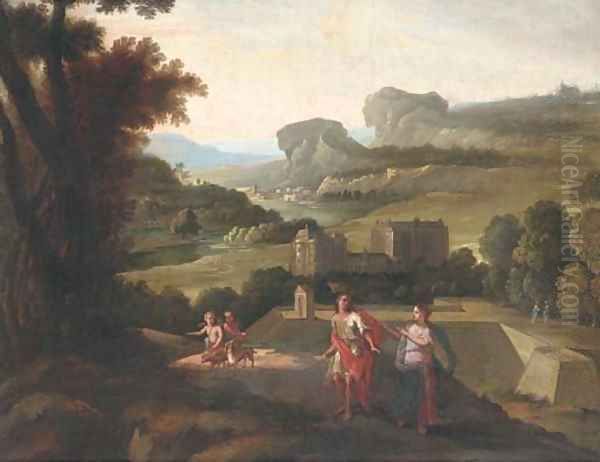 An Italianate landscape with an amorous couple before a villa Oil Painting by Nicolas Poussin