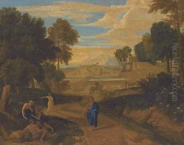 An Italianate wooded landscape with classical figures on a path, a river beyond Oil Painting by Nicolas Poussin