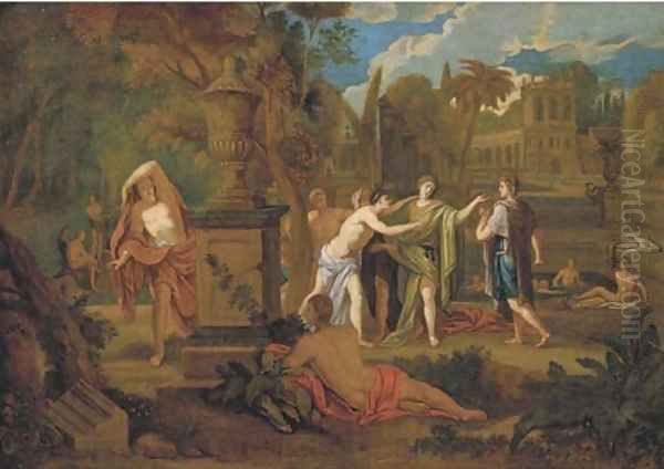 Figures bathing in a classical landscape Oil Painting by Nicolas Poussin