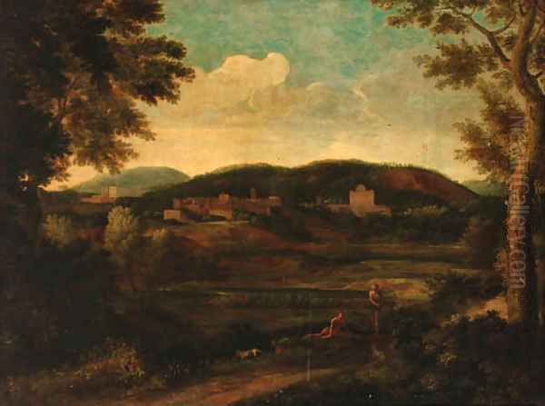 Figures in a classical landscape Oil Painting by Nicolas Poussin