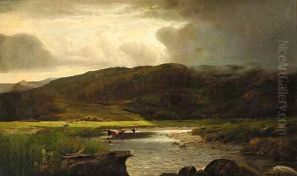 Cattle watering in a sunlit mountainous landscape Oil Painting by Sidney Richard Percy