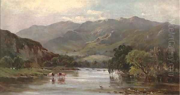 Cattle watering in a mountainous landscape Oil Painting by Sidney Richard Percy