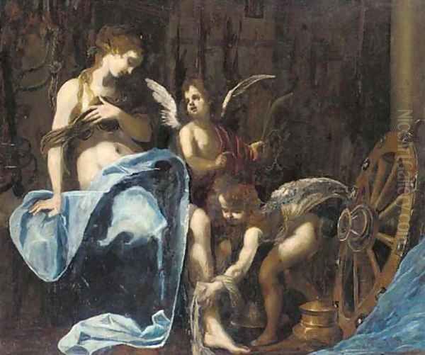 Saint Catherine of Alexandria tended by putti Oil Painting by Simone Pignoni