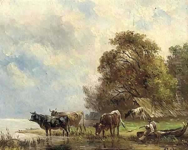 Cattle watering at a riverbank, a drover looking on; and Another similar Oil Painting by Albert Jurardus Van Prooyen